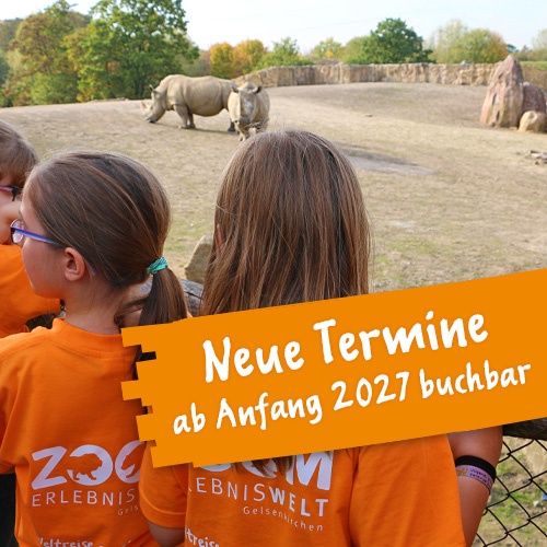 Kinder in orangen T-Shirts mit dem Logo der ZOOM Erlebniswelt blicken auf zwei Nashörner auf der Grassavanne
